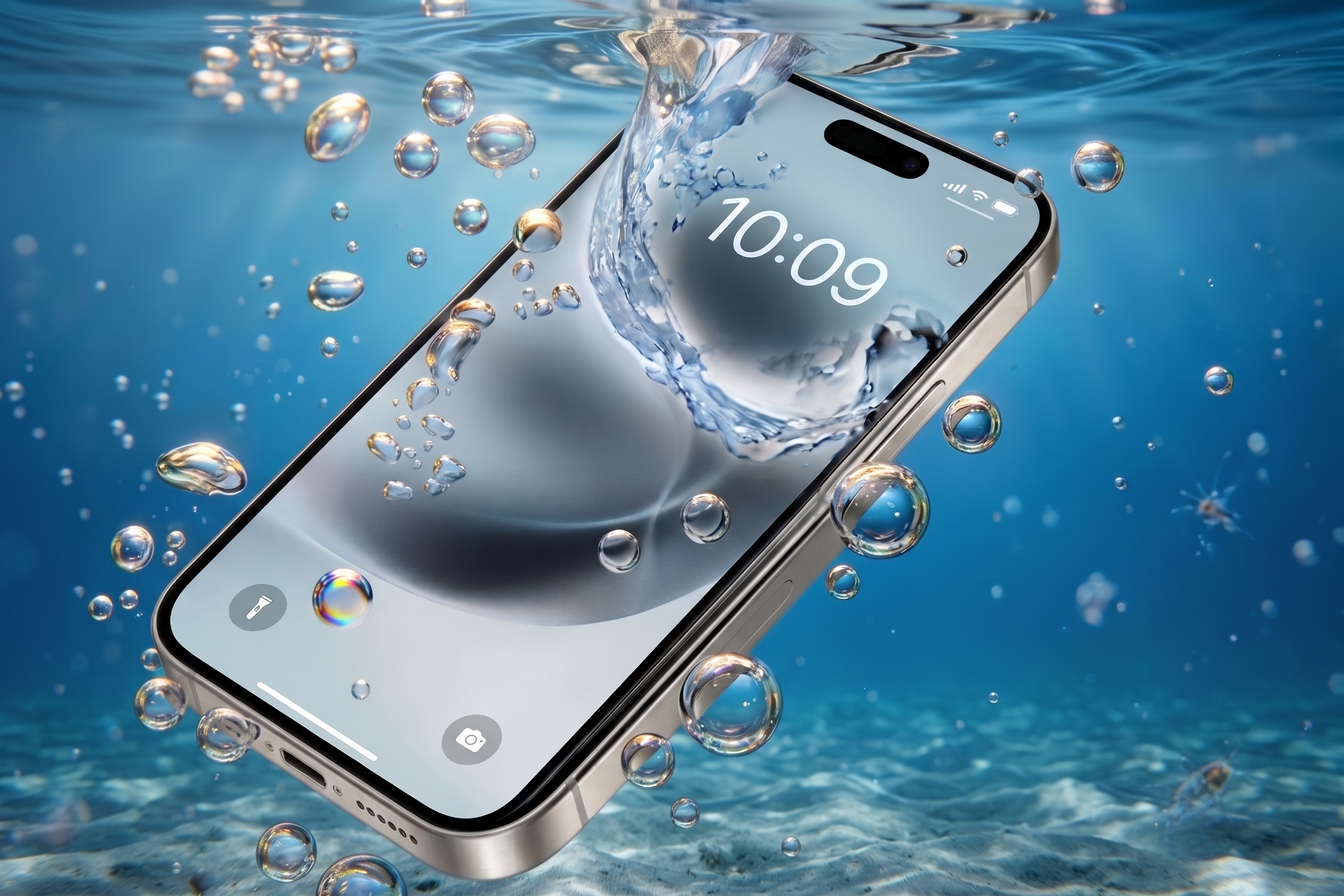 téléphone plongé dans de l'eau